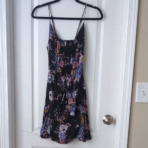 Floral Print Black Slip Dress with Spaghetti Straps